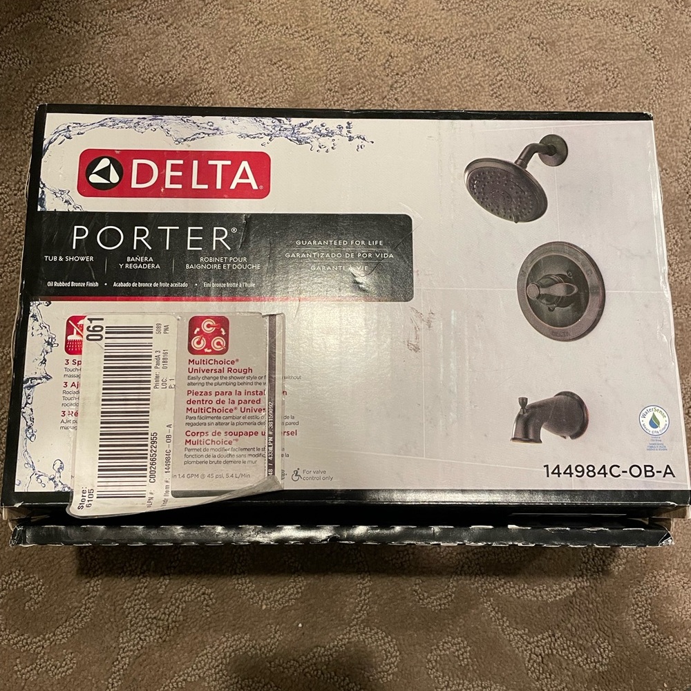 Delta Porter Shower-head ONLY (with fittings) in Oil Rubbed Bronze. Never used.